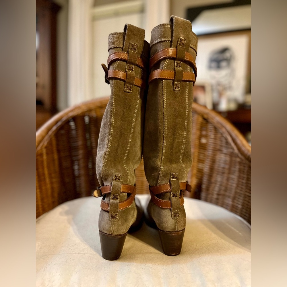 Frye Suede Harness Knee High Boots Olive Green Size 6 - Picture 9 of 11